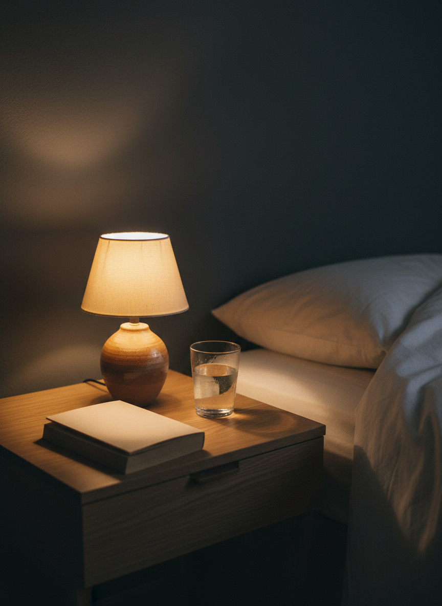 A neatly arranged bedside table in a quiet bedroom: a small, warm-toned ceramic lamp with a fabric shade casting a pool of golden light over a partially read book, its cover blank, and a simple glass of water with faint condensation. The table is made of light oak with a fine grain, next to crisp white linens subtly rumpled on the bed, suggesting recent reading and reflection. The rest of the room fades into shadow, with a dark, softly textured wall in the background. Photographic realism, slightly elevated angle with a shallow depth of field, creating an intimate, contemplative mood ideal for personal reflections and nocturnal crônicas.